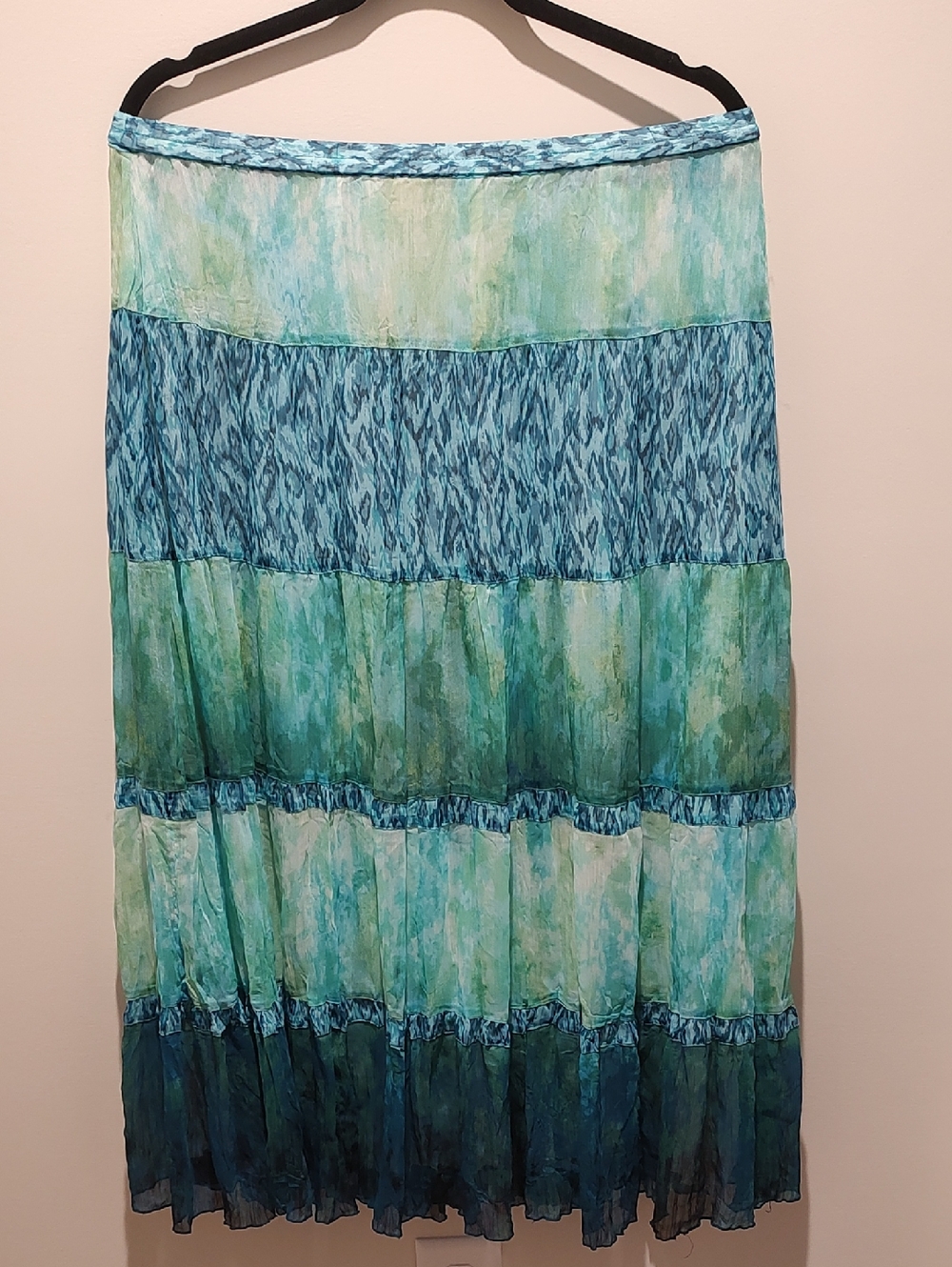 Chico's Blue & Green Patch Print Water Color Maxi Skirt Flowy Beach Vaca Resort